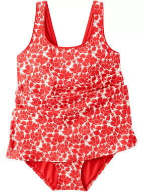 Lands End Womens Scoop Neck Mini Swim Dress Swimsuit DAYLILY RED FLORAL Sz 10-12